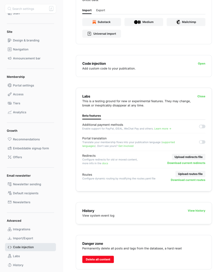 Image shows the Ghost settings for version&nbsp;5.82.3+moya.