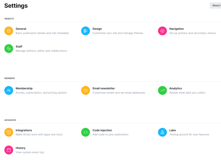 Image of the Ghost settings in version 5.39.0.