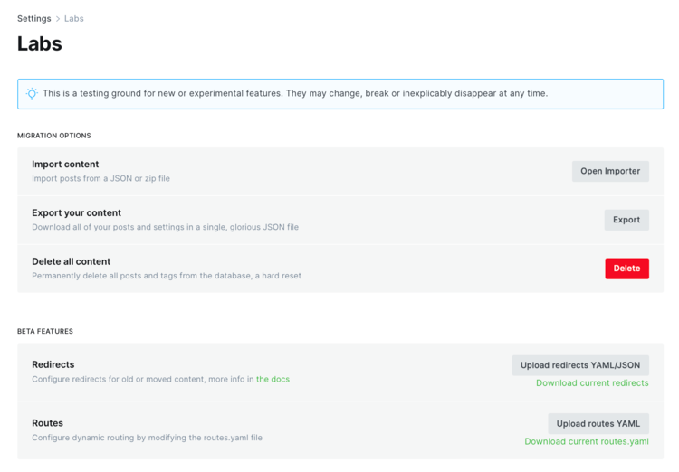 Image of the Ghost Labs section in version 5.39.0.
