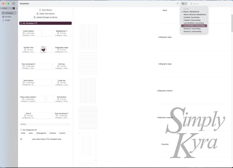 Image shows a three pane view highlighting all the templates and the browse form's sorting menu.
