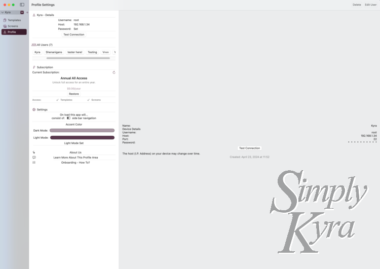 Image shows a three pane view highlighting the user along with showing the subscription and device subscription settings.