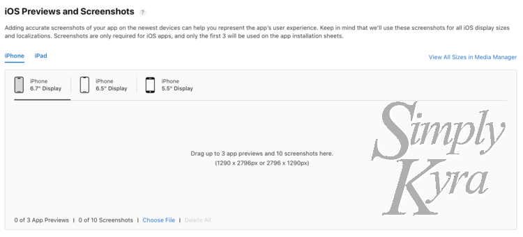 Image shows a photo showing the required iPhon display sizes and the exact dimensions of the 6.7" display iPhone.