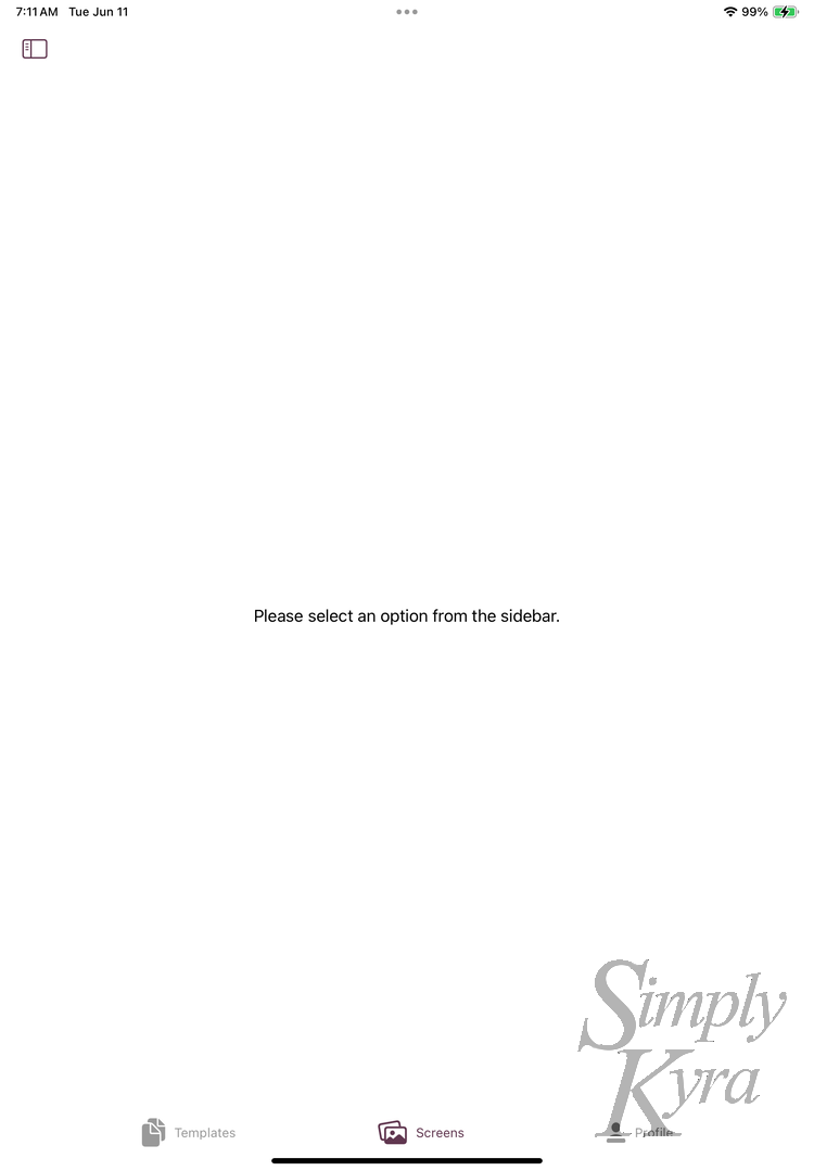 Image shows tabview with a collapsed sidebar and text saying "Please select an option from the sidebar".