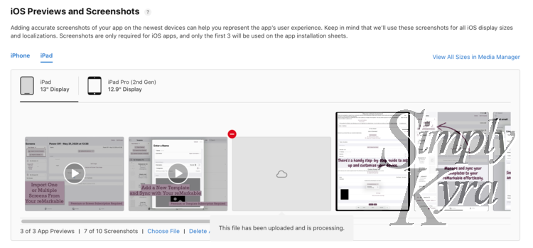 There are now two video thumbnails, one processing, and some screenshots shown in the iOS Previews and Screenshots page.