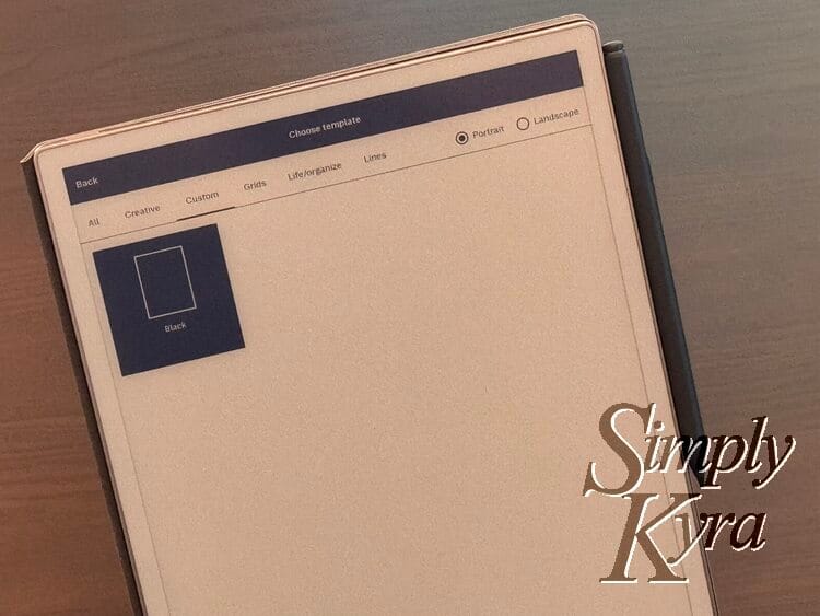 A new category called "Custom" is shown with a singe blank template called Black.