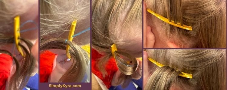 Collage of five images showing the process from left to middle of threading the hair through. Once done I left it draped down (right bottom) while I did the other side and later picked it all up (top right) to continue the braid.