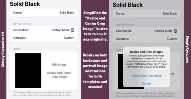 Template view is shown showing the two step process to resize.