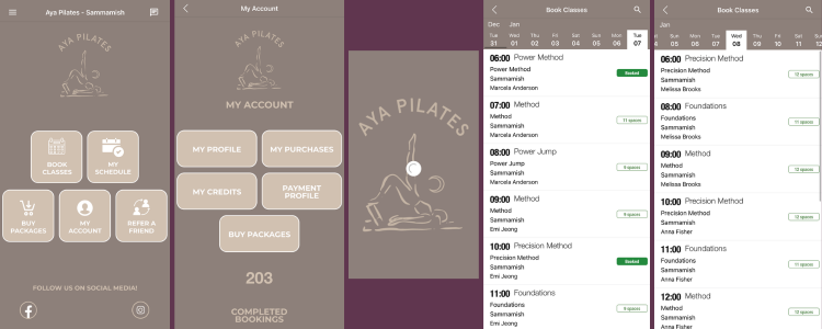 Collage of five views of the app used to book your classes. 