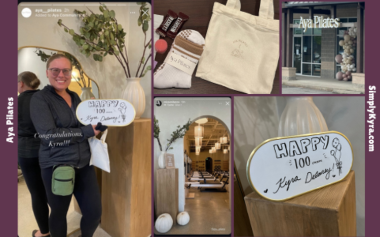 Collage showing the inside of the studio, my 100 class sign, the outside of the studio when it opened, and by page from one of the events.