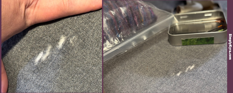 Collage showing several holes on the grey wool with white interior showing through.