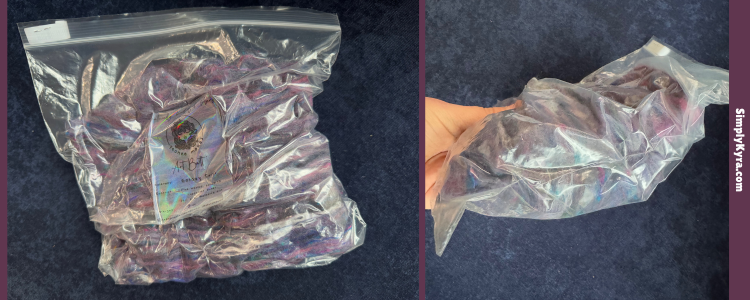 Collage shows two images of the compressed bag of wool roving.