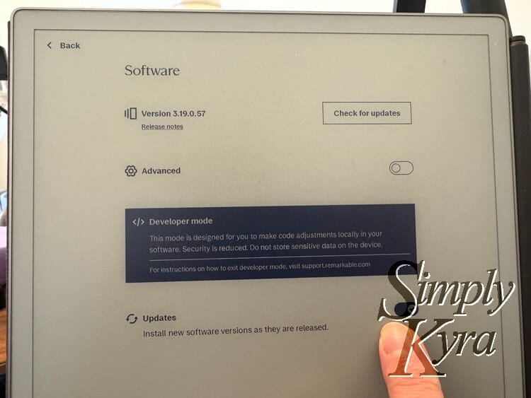 Image shows the Software page in the Settings on the reMarkable Paper Pro.