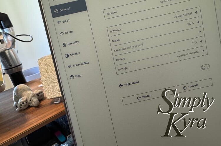 Image shows the Settings page on the reMarkable Paper Pro.