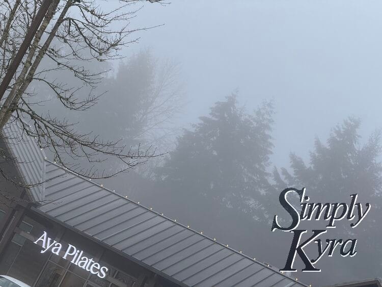 Closeup of the Aya Pilates sign and roof with fog obscuring the trees. 