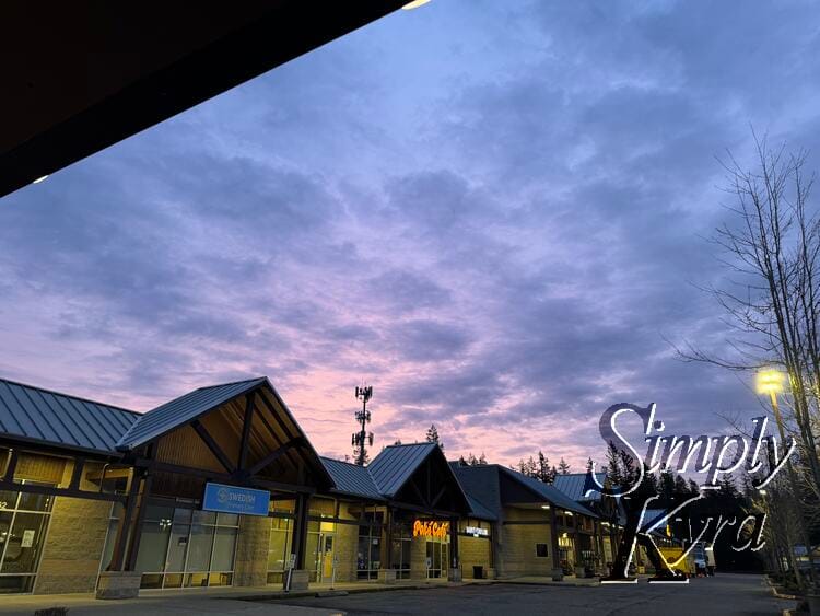 View from Aya showing the sun rising behind the QFC and other stores.