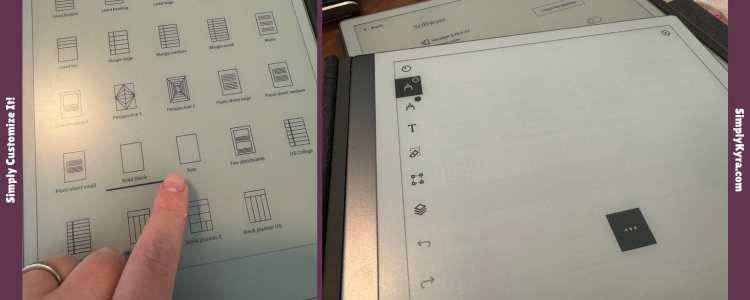 Collage of two images. On the left shows me about to hit the "Test" template while on the right it shows the reMarkable 2 loading while the reMarkable Paper Pro sits below showing the software version. 