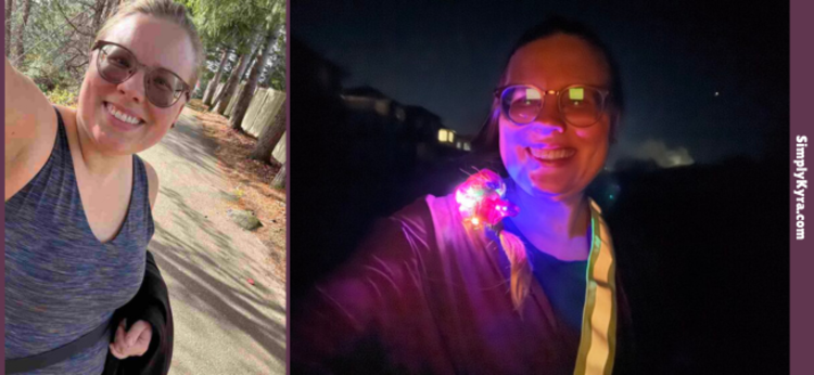 Collage of two selfies. Left one on the path by the stairs mid-morning and the other after a glow party (see ponytail) social event walking home in the dark.