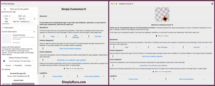 Image shows a collage of Simply Customize it and Simply Uncover It. Both show the about page festooned with these links while on the far left the link is used on the subscription page.