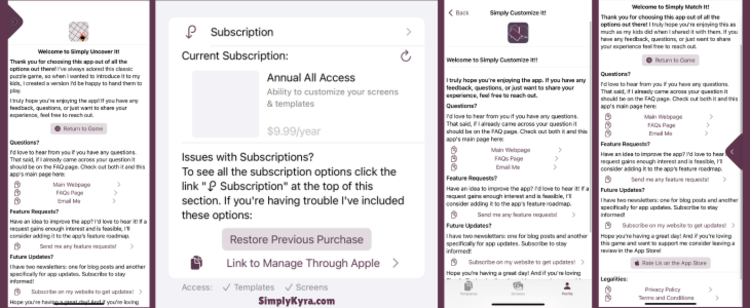 Image shows a collage of Simply Customize it, Simply Match It, and Simply Uncover It on the iPhone. All show the about page festooned with these links while on the far left the link is used on the subscription page.