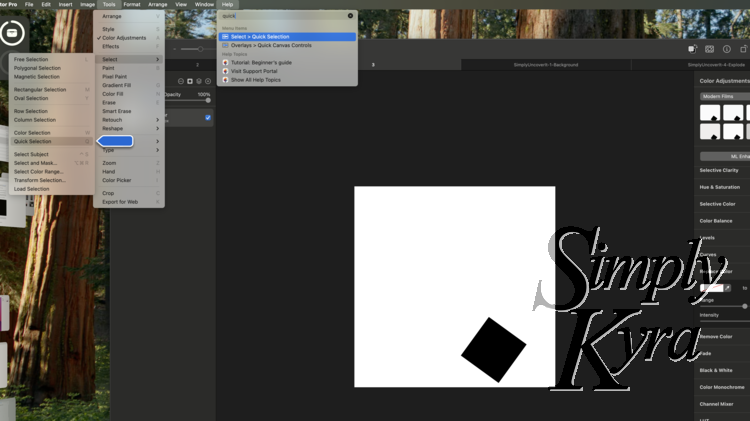 Image shows the search for "Quick Selection" and where it is in the menu system.