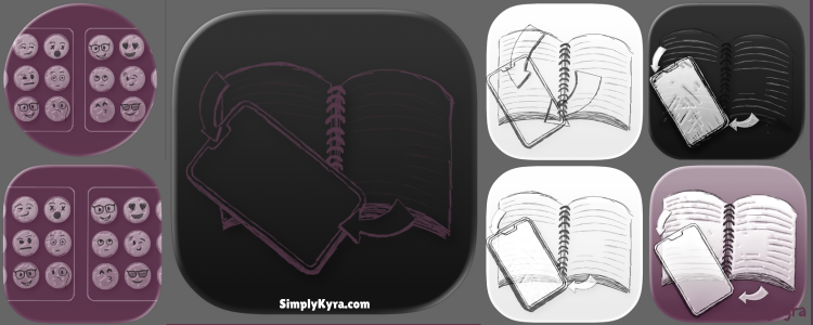 Image is a collage of one large and five small rectangular app icons and one small round one.