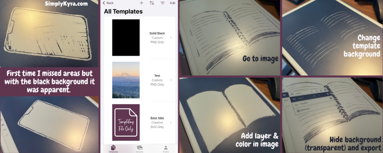 Collage of the two darker phone images on the left, my app in the middle, and the steps using the book in four images on the right. 