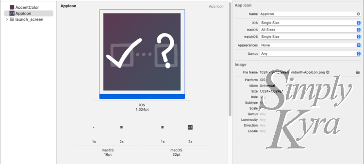 Xcode screenshot showing the AppIcon's 1024 pixel image highlighted.
