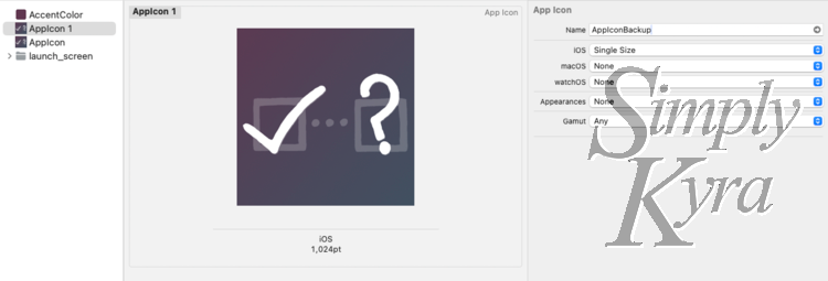 Xcode screenshot showing the new image being renamed to AppIconBackup.