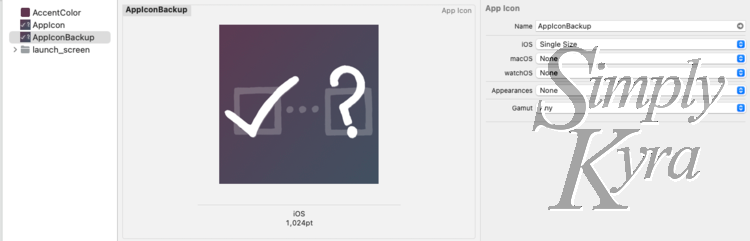 Xcode screenshot showing AppIconBackup set with PNG.