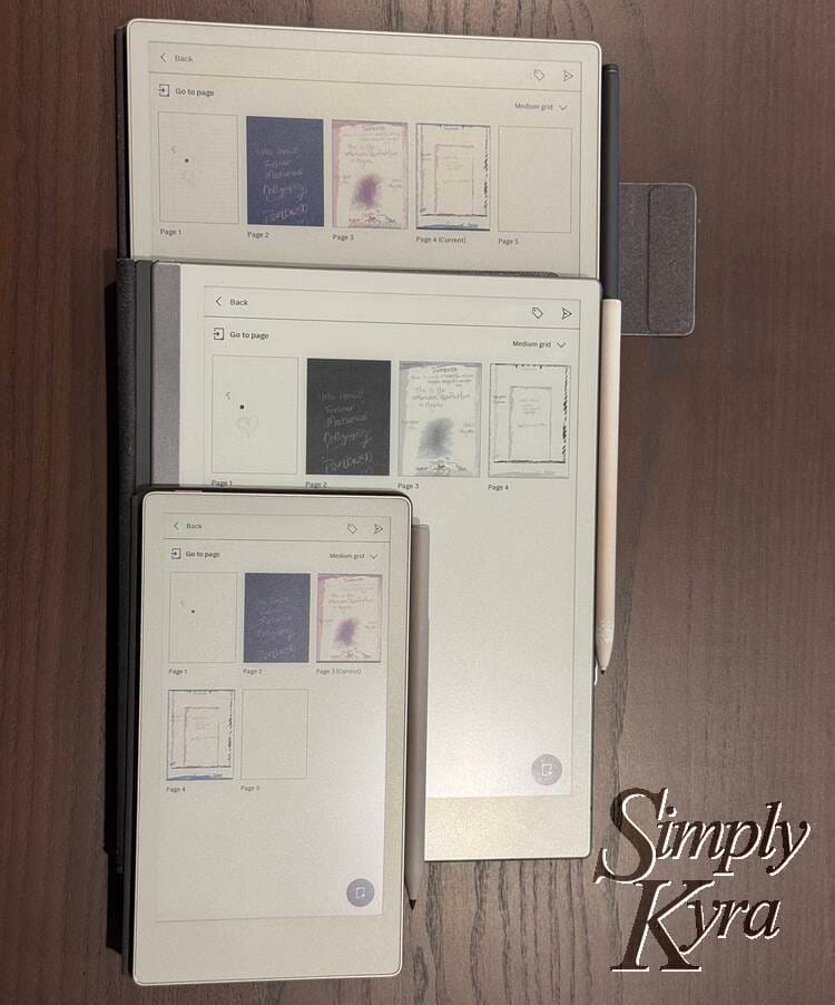 Stacked view of all three reMarkable devices showing the page viewer for the test notebook.