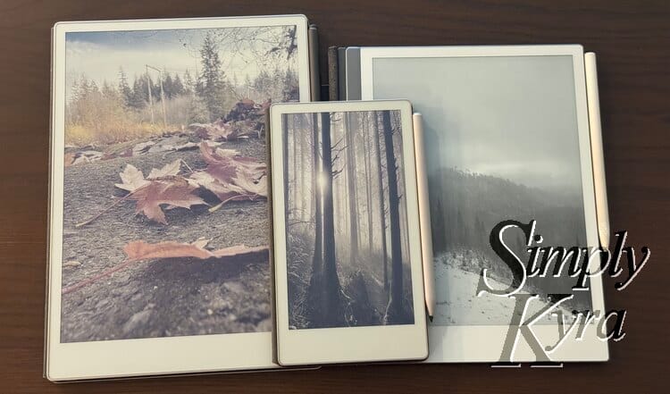 Stacked view of all three reMarkable devices laid out showing the current sleep screen image for each.