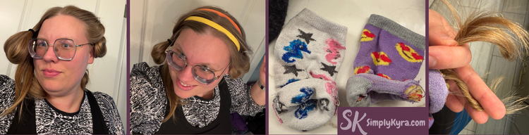 Collage of the partial before bun hair (sectioned and headbanded), the socks, and the split and twisted hair.