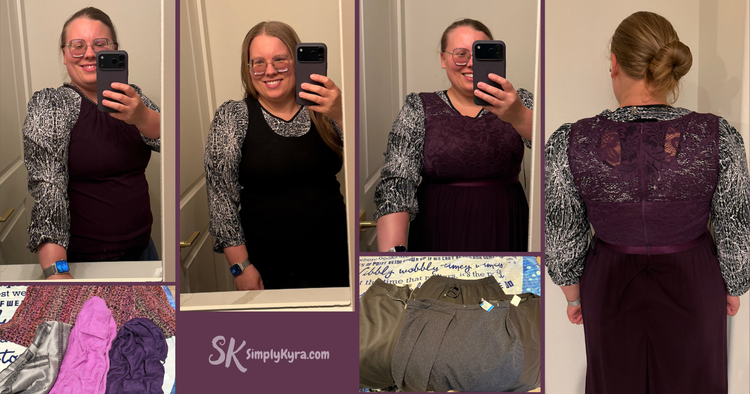 Collage of three mirror selfies showing the options, the back of the tree, and the selection of scarves and skirts.