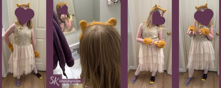 Collage of four images. There showing the final look and one of here applying water color pencil crayons to her face herself for whiskers and a nose.