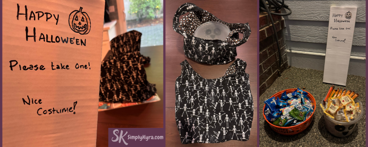 Collage showing the sign, the final bags (with glow basket inside), and the sign with the candy buckets before we trick or treated. 