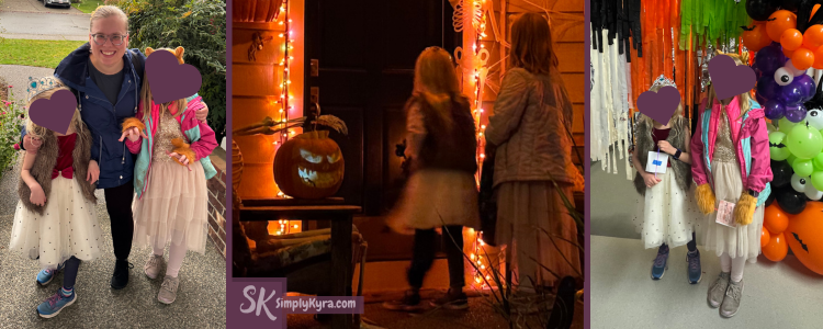 Collage showing three images. Two from the school event day and one the night of next to glowing orange lights. 