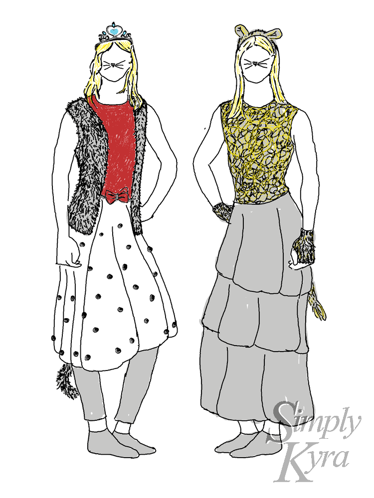 Side by side sketches of the costumes. 
