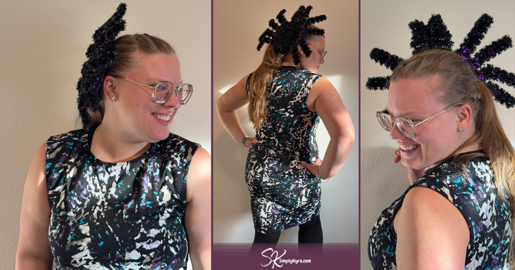 Collage of three views showcasing the spider on my head.