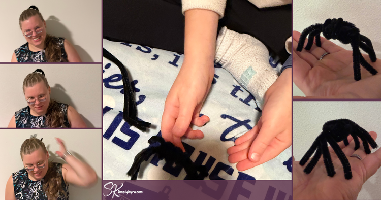 Collage of Zoey making the spider, me with it propped on my head, and it sitting on my hand.