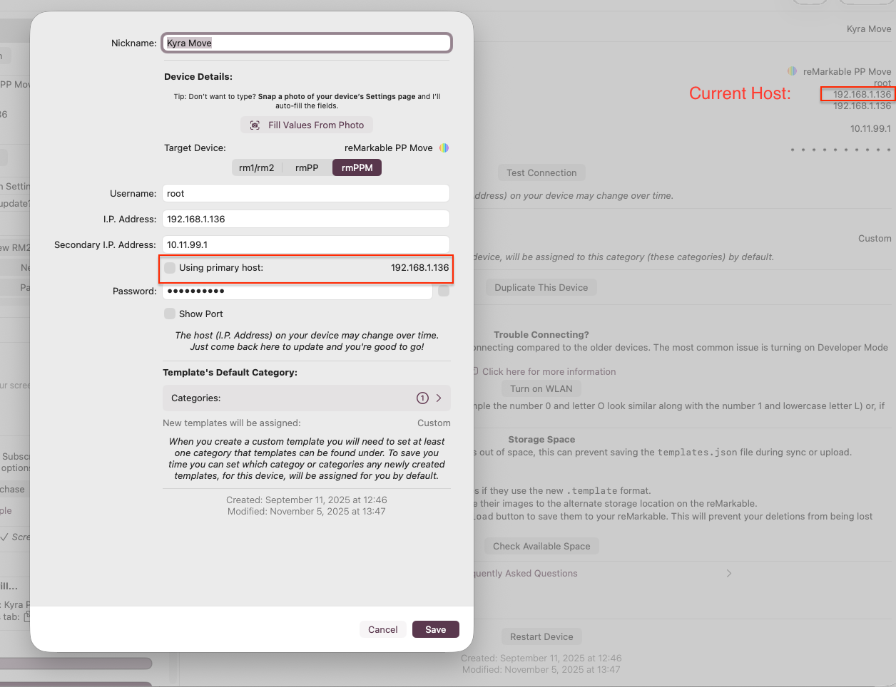 Screenshot of device screen showing “Using primary host” checkbox.