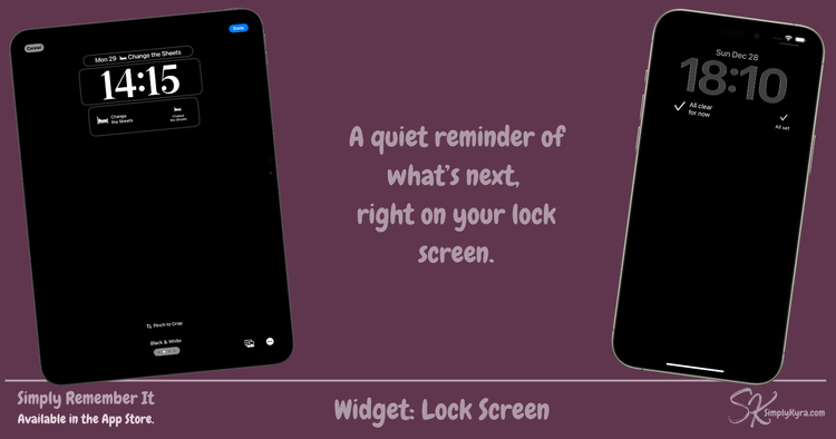 Lock screen widgets shown in different styles, with one view showing a task due next and another showing an all-clear message when no tasks are due.