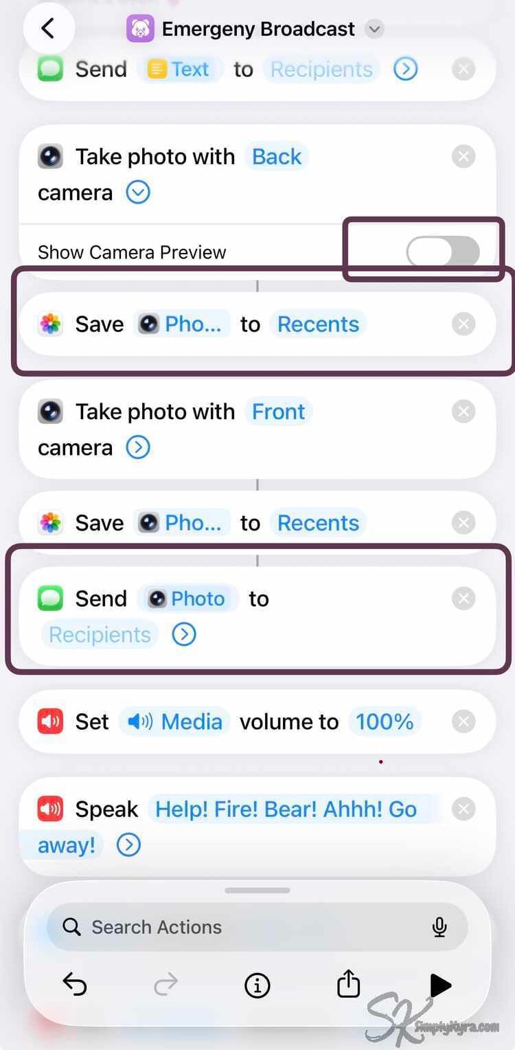 Process is shown for taking a photo and saving and/or texting it. This involves take photo with (front) camera, toggle off camera preview, save (photo) to (recents), and optionally send (photo) to (persons)