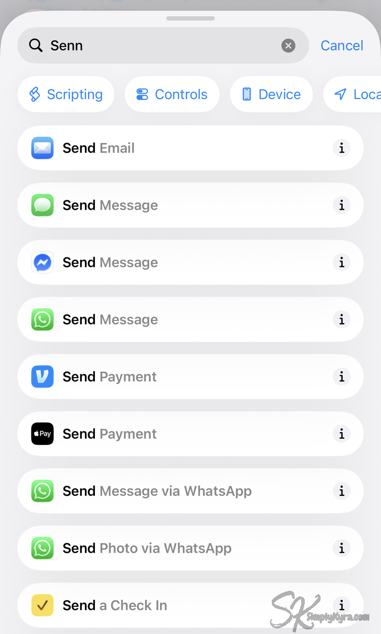 Image shows me searching for "Senn" and seeing Send Message in many apps along with sending payments and check ins. 