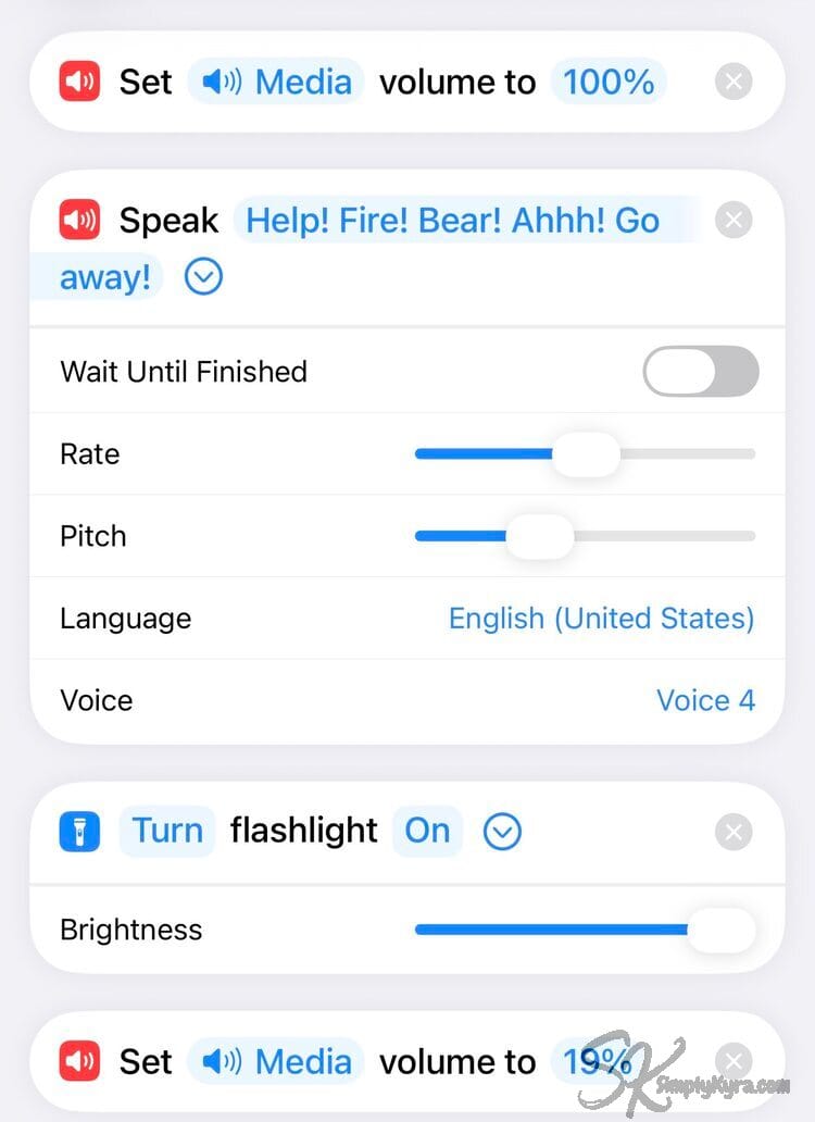 Image shows set media to 100%, Speak "Help! Fire! Bear! Ahhh! Go away!", turn flashlight on, and turn down media to 19%.