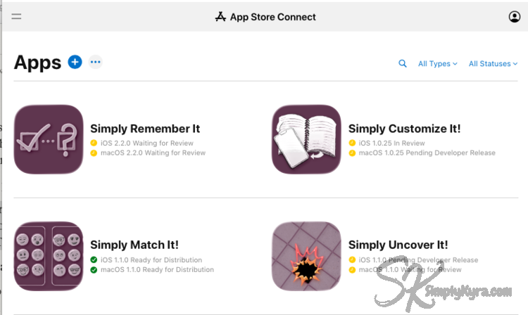 Screenshot of the App Store Connect showing Simply Match It Ready for Distribution. Simply Remember It and one target of both Simply Uncover It and Simply Customize It waiting for review and their other target Pending Developer Release. 