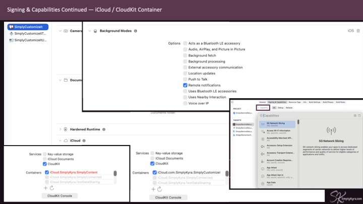 Pressing the plus lets me search through the capabilities and, in this case, I chose iCloud, added a CloudKit container, and checked off Remote Notifications so it knows when the data changed.  