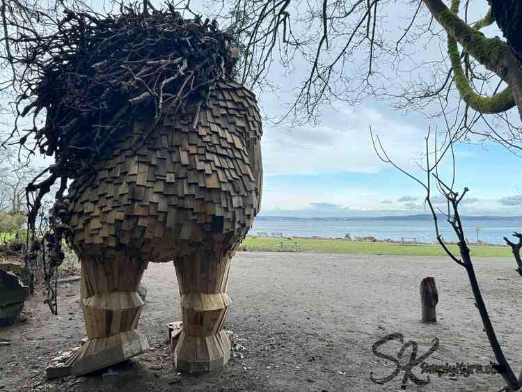 Back view of the troll showing her hair and the water beyond.