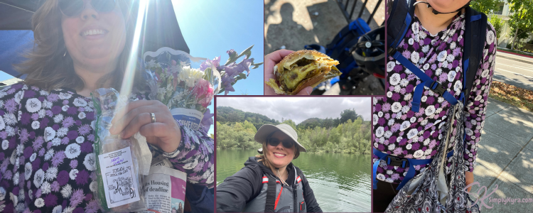Collage of me on the water, breakfast one day, me loaded down about to go back, and me with flowers and the sheep yogurt popsicle I discovered right before moving.