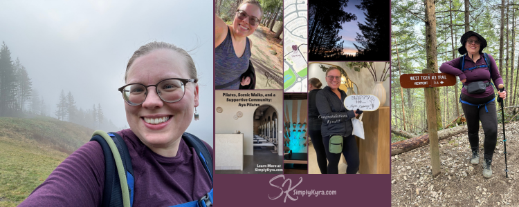 Collage of an image from the Aya post, me at the south viewpoint of Poo Poo point in the fog, and leaning against the West trail sign for Tiger Mountain.