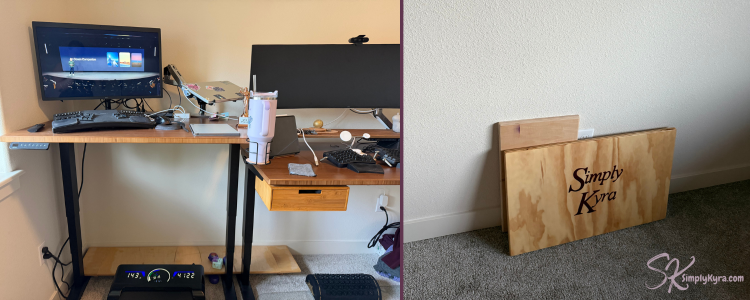 Collage showing part of my desk system on the left and my headstand practice boards against an empty wall on the right.